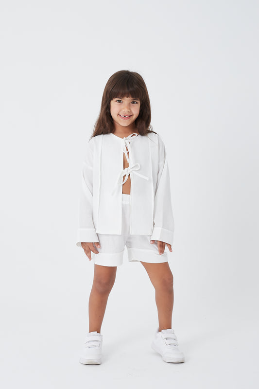 Linen Lace-up Set - White