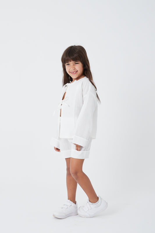 Linen Lace-up Set - White